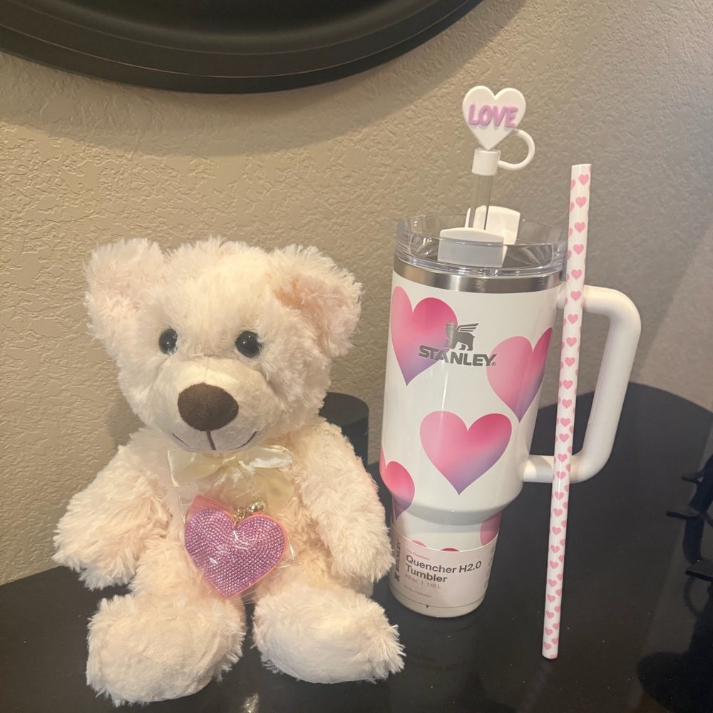 💜💕💜 Stanley Valentines Tumbler, Topper, Heart Straw, Key Chain & Teddy Bear